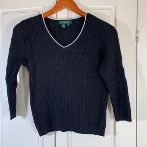 Lauren Ralph Lauren Petite Black Cable Knit V-Neck Cotton Sweater P/S Preppy